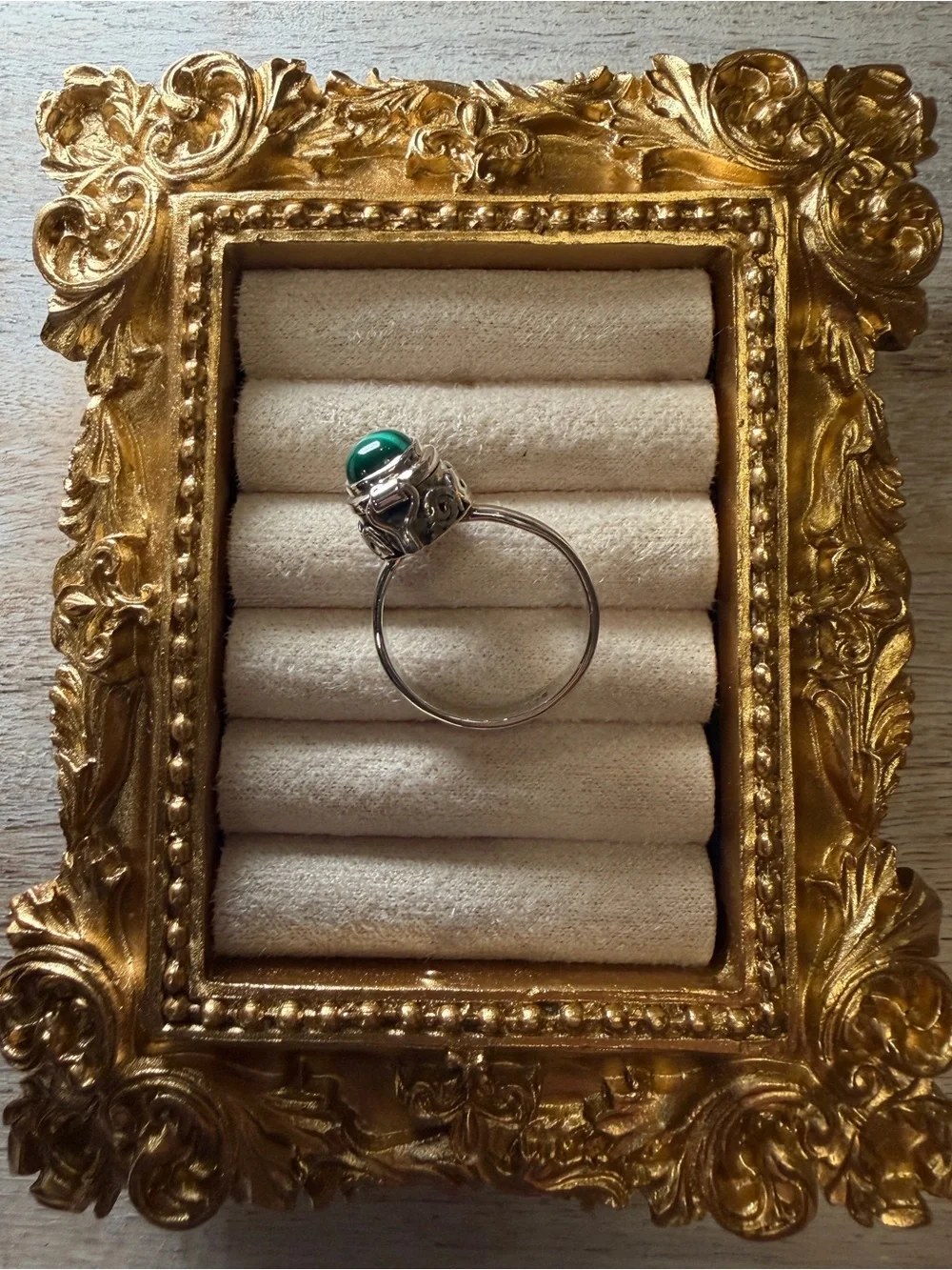 Sterling Silver Malachite Cabochon Poison Ring - Size 6.75